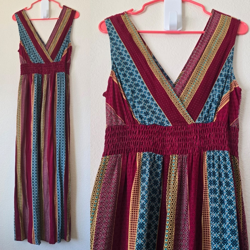 Women's Medium Maxi Dress Stripe Smock Coasal Beach Resort Boho Lightweight Chic